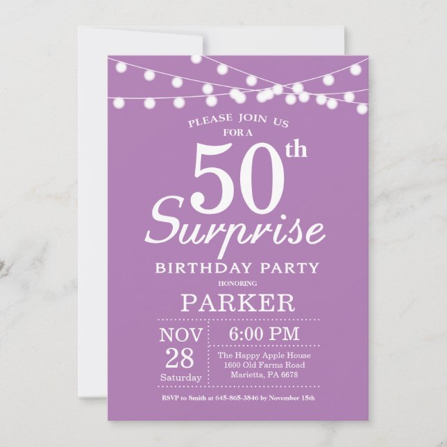 Surprise 50th Birthday Invitation Purple Lavender (Front)