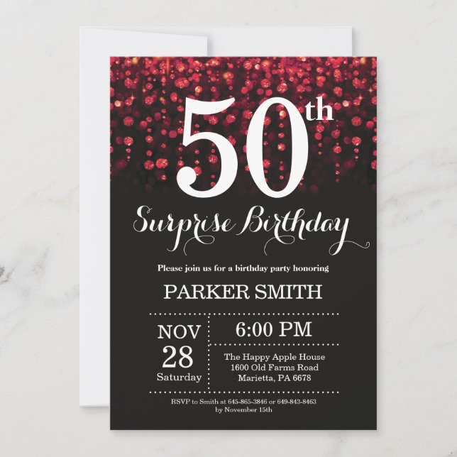Surprise 50th Birthday Invitation Red Glitter (Front)