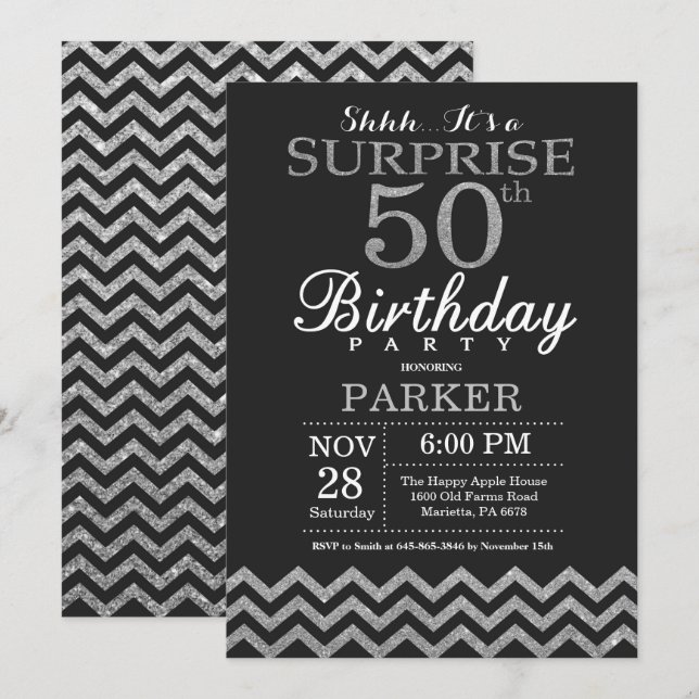 Surprise 50th Birthday Invitation Silver Glitter (Front/Back)
