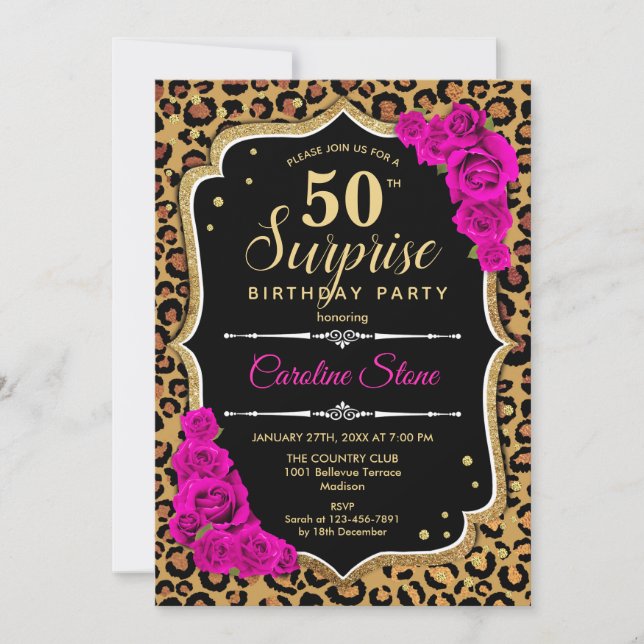 Surprise 50th Birthday - Leopard Black Gold Pink Invitation (Front)