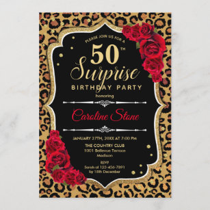 Surprise 50th Birthday - Leopard Black Gold Red Invitation