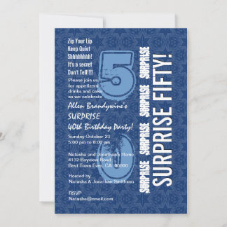 SURPRISE 50th Birthday Modern Blue and White F646 Invitation