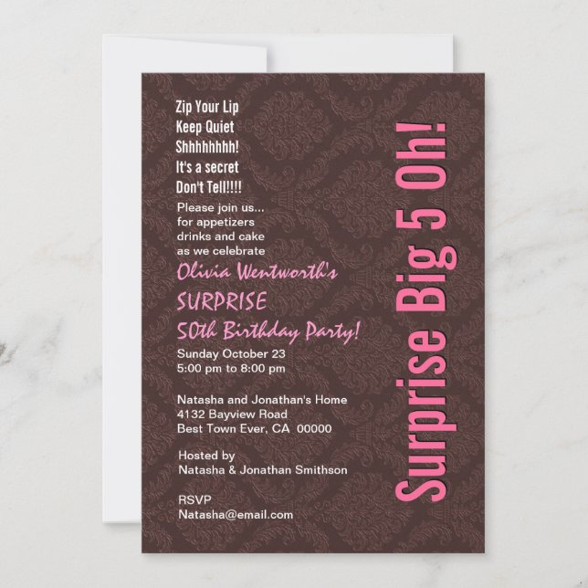 SURPRISE 50th Birthday Modern Chocolate and Pink Invitation (Front)