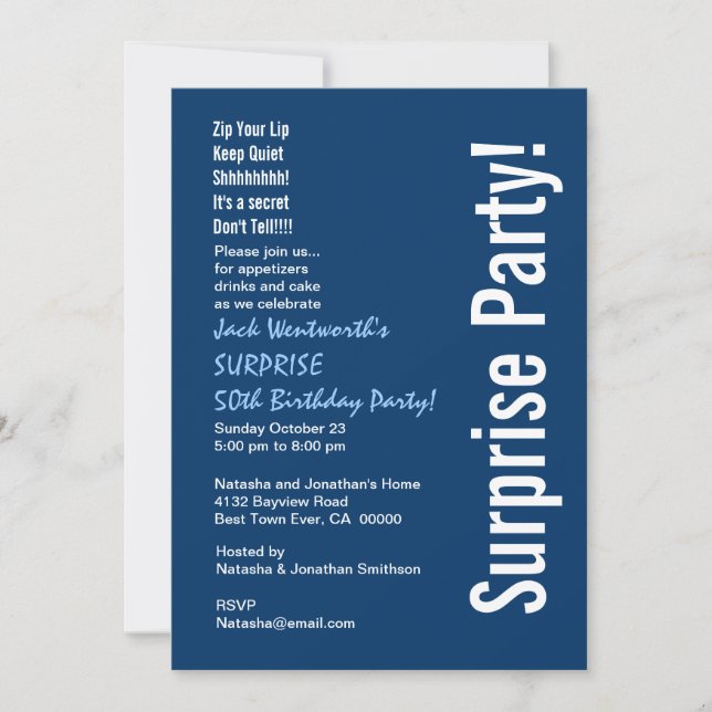 SURPRISE 50th Birthday Modern Navy Blue White Invitation (Front)