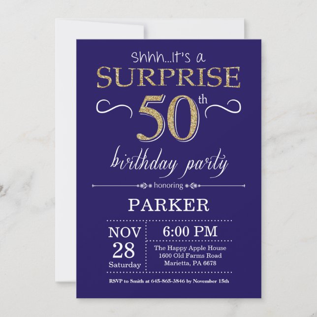 Surprise 50th Birthday Navy Blue and Gold Glitter Invitation (Front)