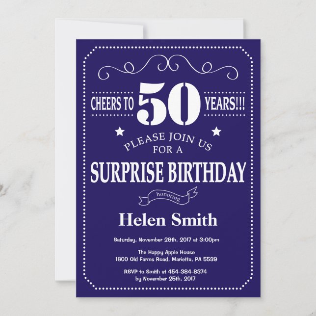 Surprise 50th Birthday Navy Blue and White Invitation (Front)
