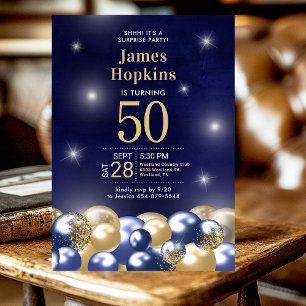 Surprise 50th Birthday Navy Blue Gold Balloons Invitation