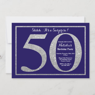 Surprise 50th Birthday Navy Blue Silver Glitter Invitation