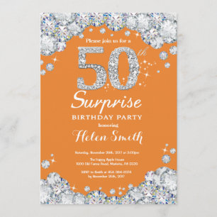 Surprise 50th Birthday Orange and Silver Diamond Invitation