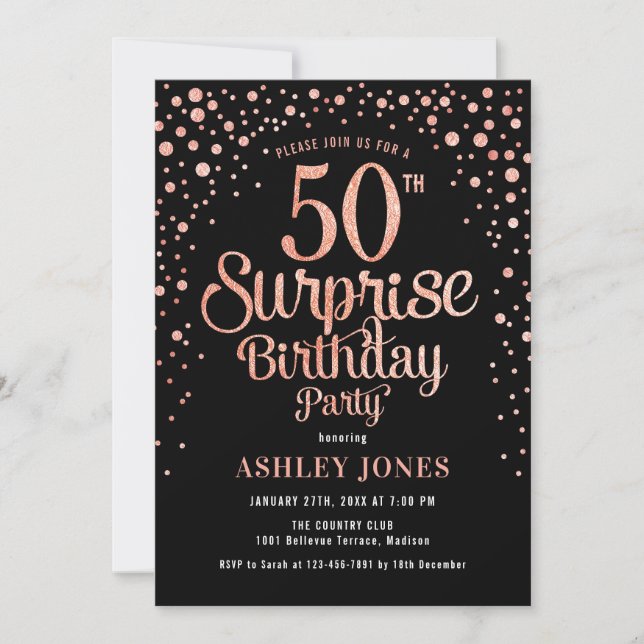 Surprise 50th Birthday Party - Black & Rose Gold Invitation (Front)