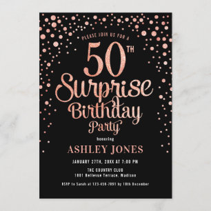Surprise 50th Birthday Party - Black & Rose Gold Invitation