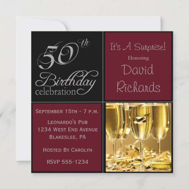 Surprise 50th Birthday Party Burgandy & Silver Invitation (Front)