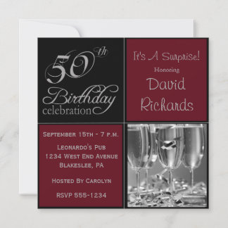 Surprise 50th Birthday Party Burgandy & Silver Invitation