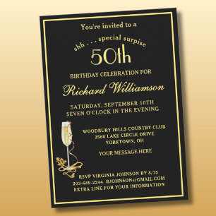 SURPRISE 50th Birthday Party Elegant Black Gold  Invitation
