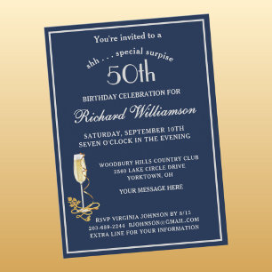 SURPRISE 50th Birthday Party Elegant Blue Silver Invitation