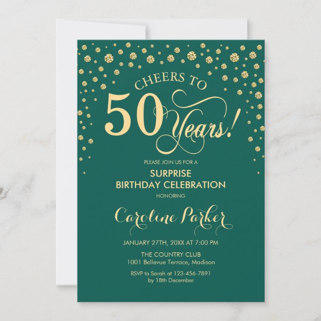 Surprise 50th Birthday Party - Emerald Green Gold Invitation (Front)