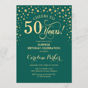 Surprise 50th Birthday Party - Emerald Green Gold Invitation