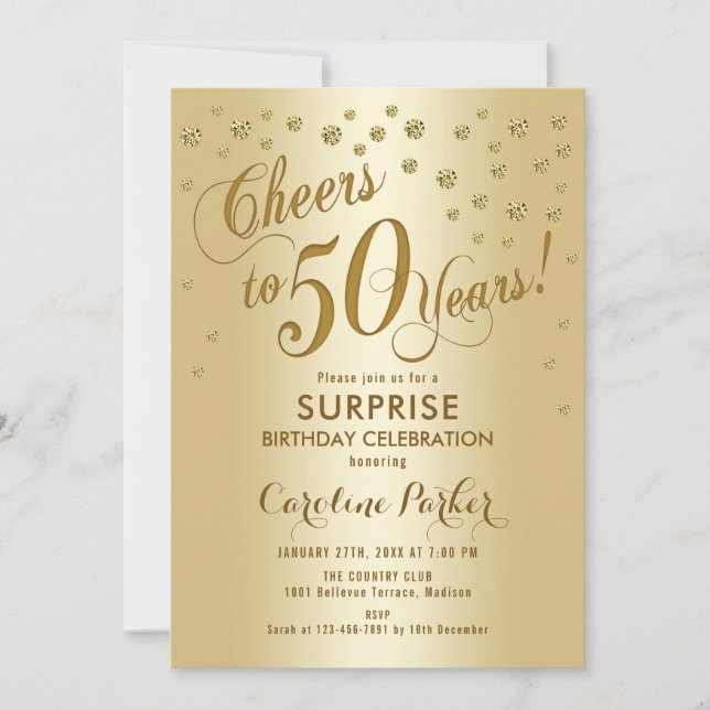 Surprise 50th Birthday Party Gold Invitation (Front)