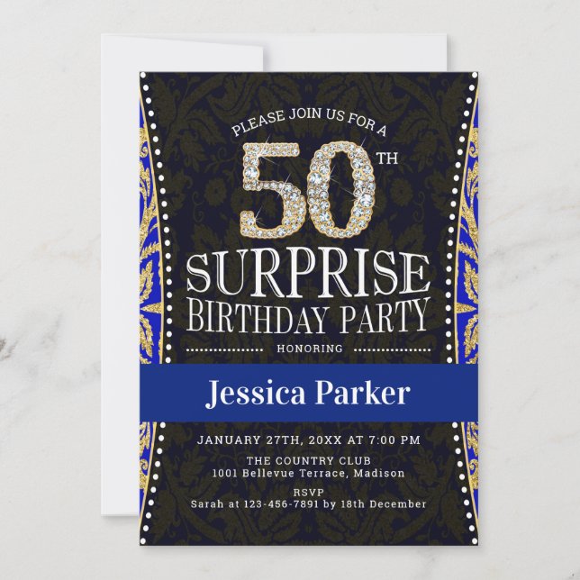 Surprise 50th Birthday Party - Gold Navy Blue Invitation (Front)