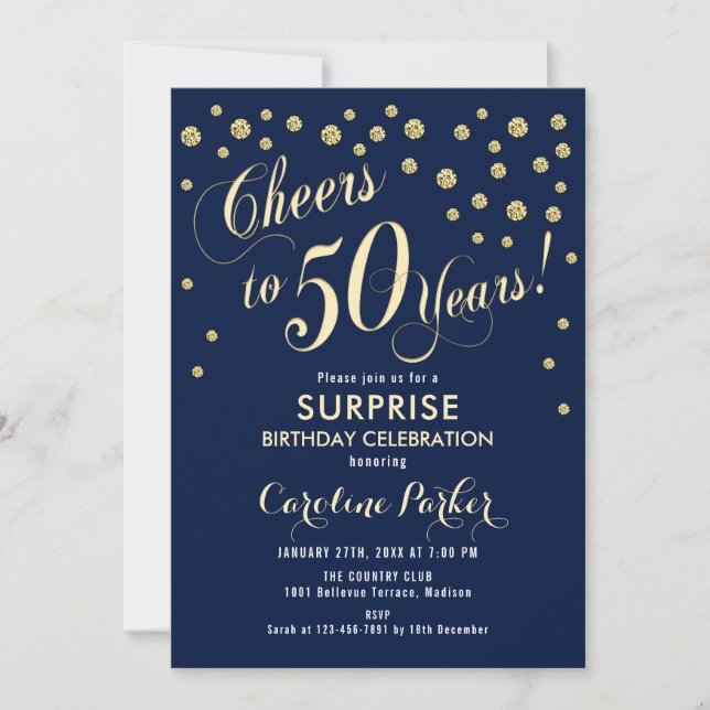 Surprise 50th Birthday Party - Gold Navy Invitation (Front)