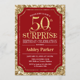 Surprise 50th Birthday Party - Gold Red Invitation