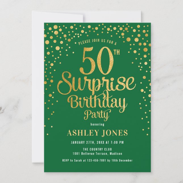 Surprise 50th Birthday Party - Green & Gold Invitation (Front)