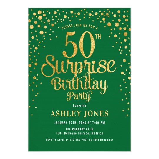 Surprise 50th Birthday Party - Green & Gold Invitation | Zazzle.ca