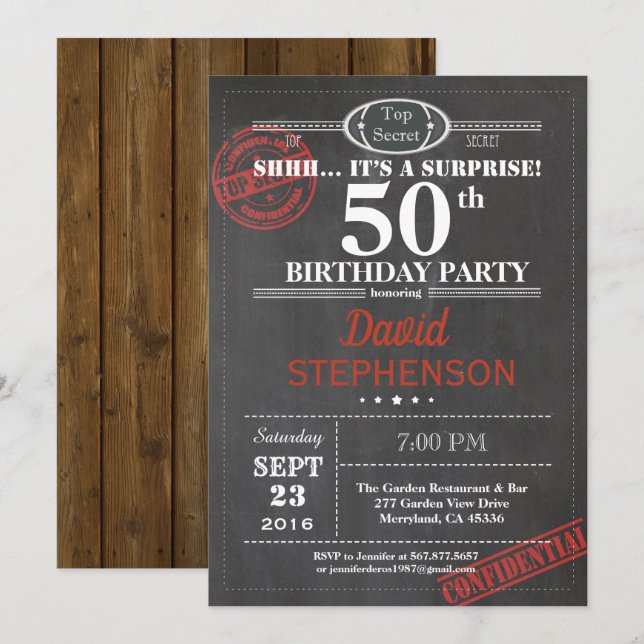 Surprise 50th birthday party invitation for men (Front/Back)
