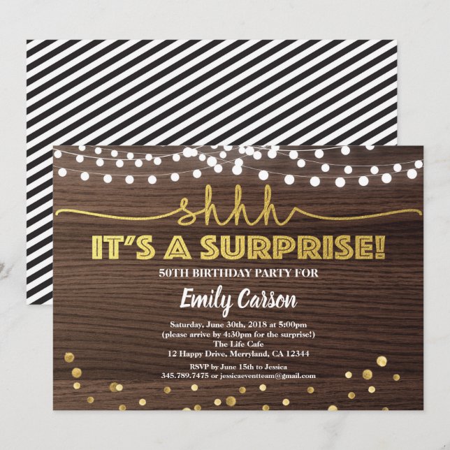 Surprise 50th birthday party invitation wood gold (Front/Back)