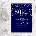 Surprise 50th Birthday Party - Navy Silver Invitation<br><div class="desc">Surprise 50th Birthday Party Invitation.
Elegant design in navy blue and faux glitter silver. Features script font and diamonds confetti. Cheers to 50 Years! Message me if you need further customization.</div>