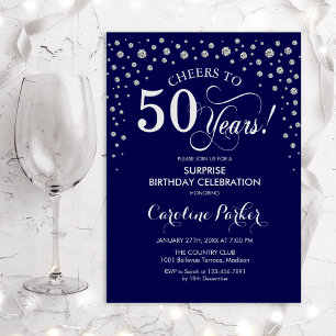 Surprise 50th Birthday Party - Navy Silver Invitation