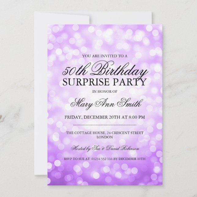 Surprise 50th Birthday Party Purple Glitter Lights Invitation (Front)