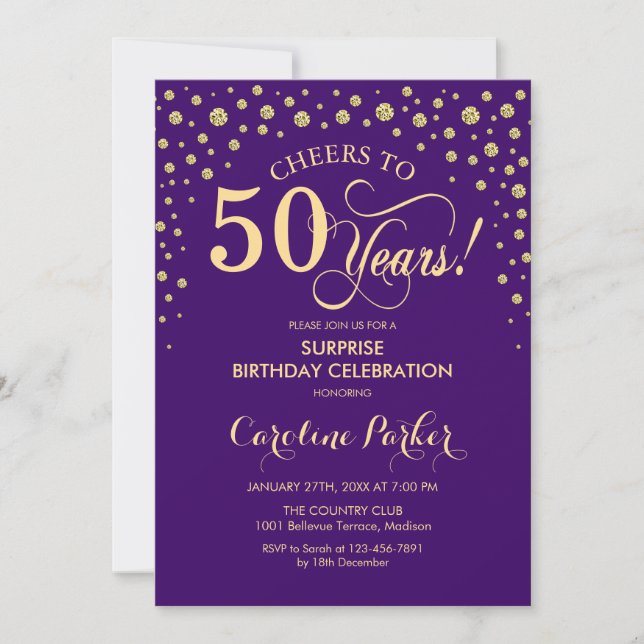 Surprise 50th Birthday Party - Purple Gold Invitation (Front)