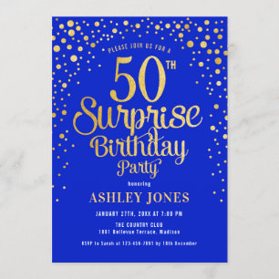 Surprise 50th Birthday Party - Royal Blue & Gold Invitation