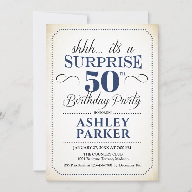 Surprise 50th Birthday Party - White Navy Invitation (Front)
