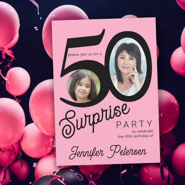 Surprise 50th birthday pink black photo invitation (Creator Uploaded)