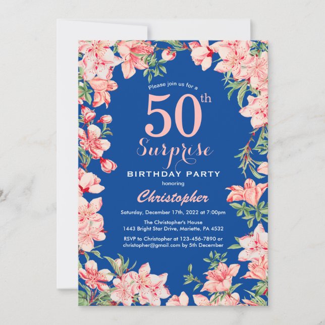 Surprise 50th Birthday Pink Floral Flowers Blue Invitation (Front)