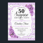 Surprise 50th Birthday - Purple White Invitation<br><div class="desc">Surprise 50th Birthday Invitation.
Feminine white,  lavender lilac design. Features stripes,  pastel purple roses,  script font and confetti. Perfect for an elegant birthday party. Can be personalized to show any age. Message me if you need further customization.</div>