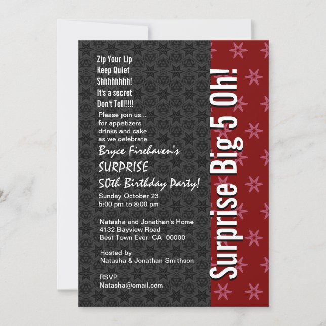 SURPRISE 50th Birthday Red and Black Stars  B401 Invitation (Front)