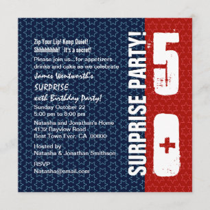 SURPRISE 50th Birthday Red White Blue Stars Invitation