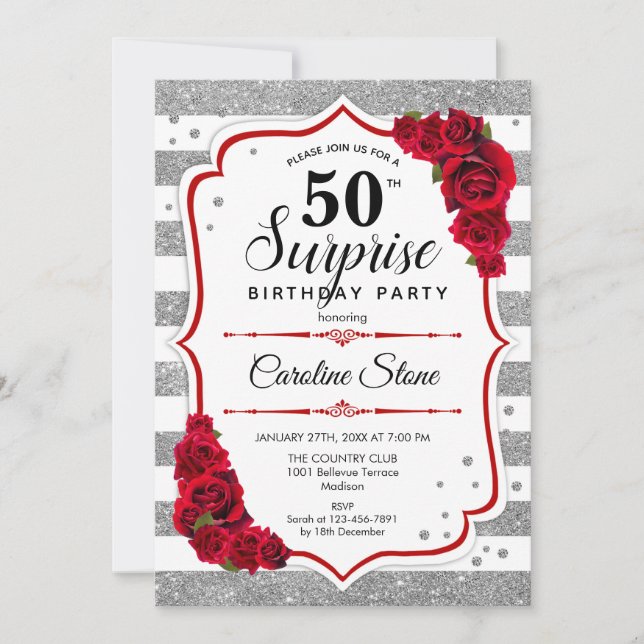 Surprise 50th Birthday - Silver White Red Invitation (Front)