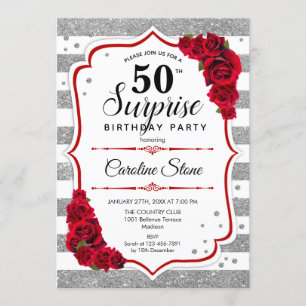Surprise 50th Birthday - Silver White Red Invitation