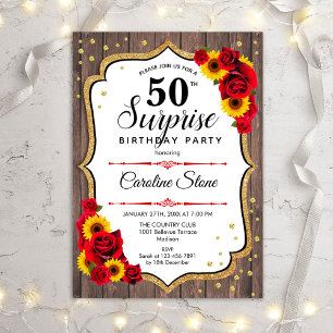 Surprise 50th Birthday - Sunflowers Rustic Wood Invitation
