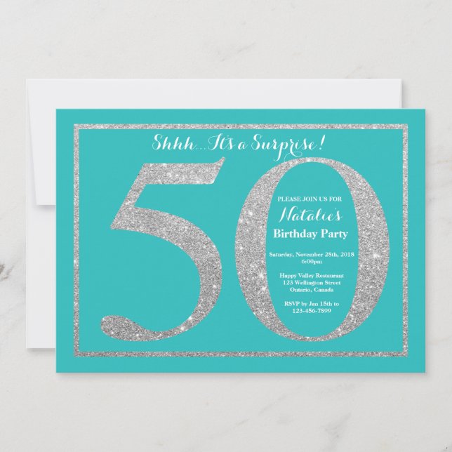 Surprise 50th Birthday Teal and Silver Glitter Invitation (Front)