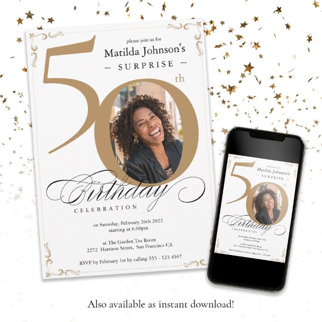 Surprise 50th Birthday White Gold Custom Photo  Invitation (Surprise 50th Birthday White Gold Custom Photo Invitation)