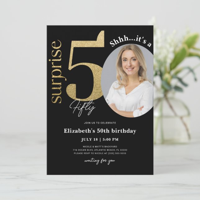Surprise 50th Black Gold Birthday Invitation Photo (Standing Front)