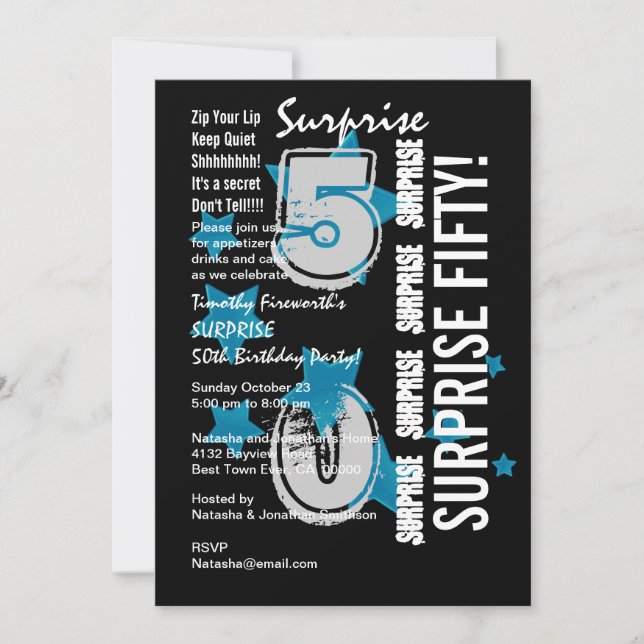 SURPRISE 50th Modern Birthday Blue Stars W1758 Invitation (Front)