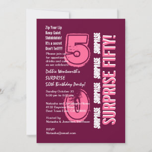 SURPRISE 50th Modern Birthday Pink Burgundy Wine Invitation