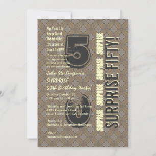 SURPRISE 50th Modern Birthday Wood Tone Pattern Invitation