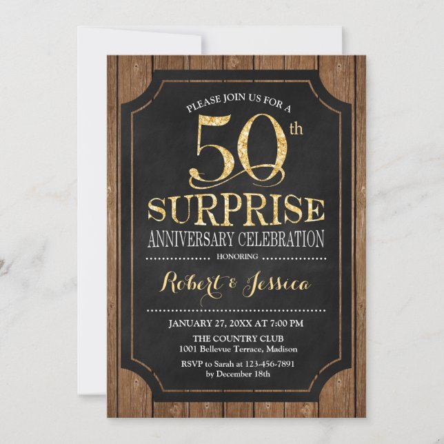 Surprise 50th Wedding Anniversary - Wood Gold Invitation (Front)